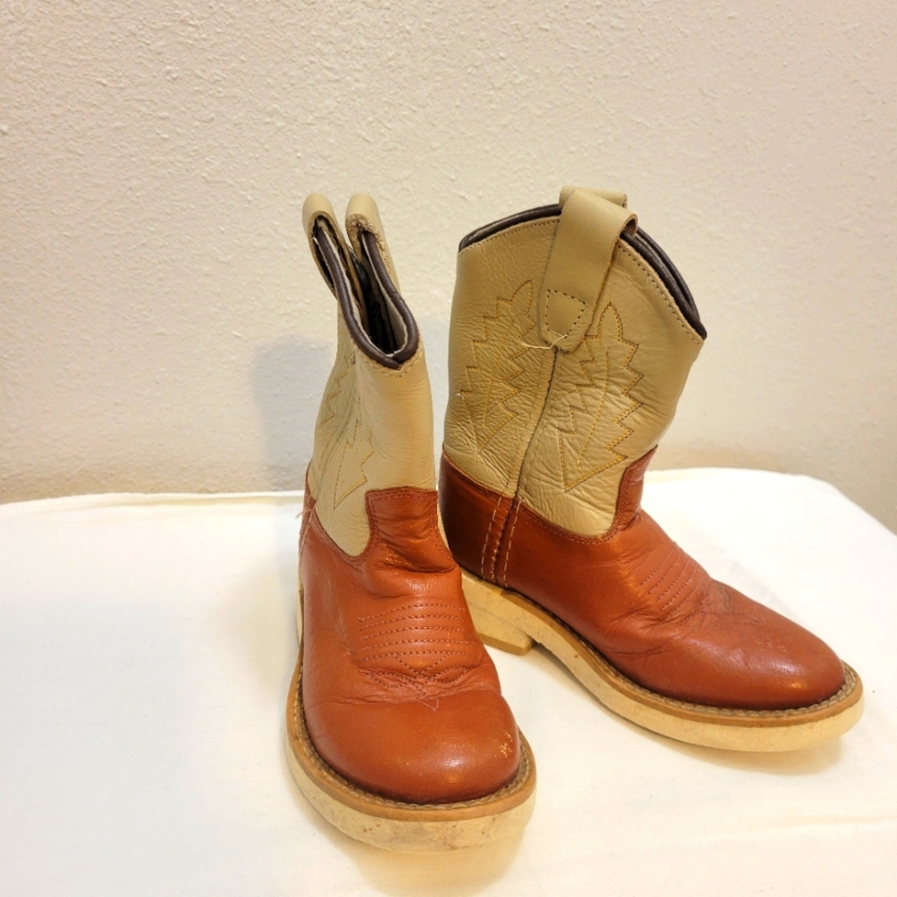 OLD WEST Kids Leather Cowboy Boots - Tan and Cream
